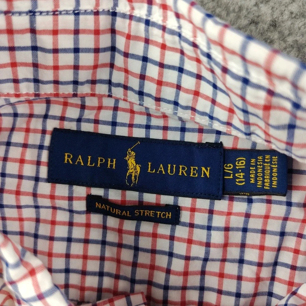 Ralph Lauren Button Up Shirt Red Blue Plaid Size Youth 14-16 Natural Stretch
